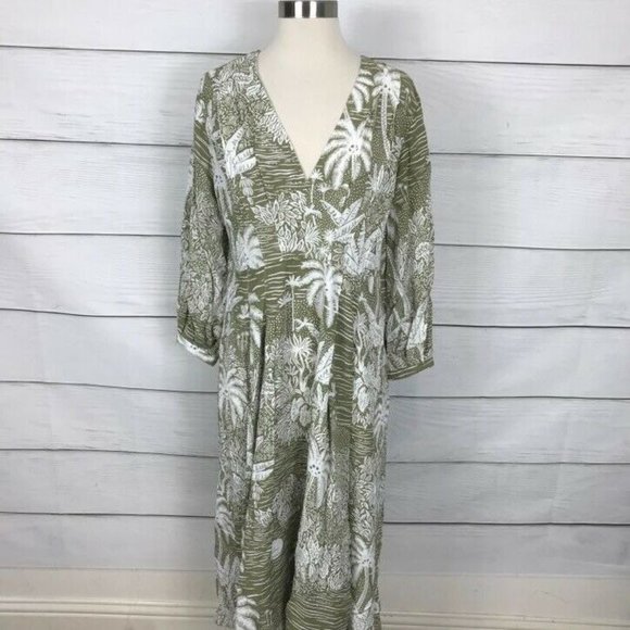 H&M Dresses & Skirts - NWOT Desmond & Dempsey x H&M Palm Leaf Print Dress L/XL Midi Maxi Kaftan V Neck